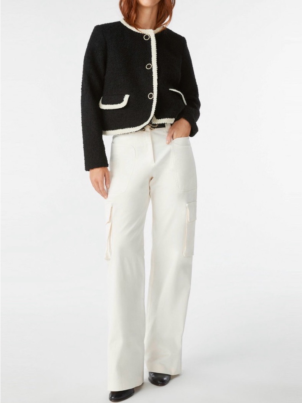 ba&sh Black Cropped Bouclé Jacket with Cream Trim